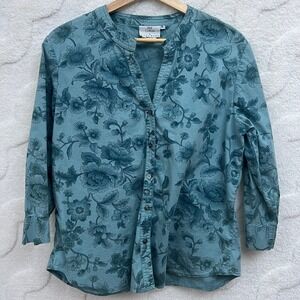 Hot Cotton by Marc Ware Shirt Blue Cottagecore Floral Band Collar Button Up S
